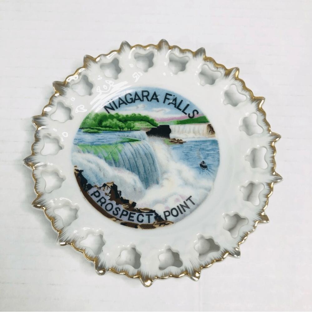 Vintage Niagara Falls Prospect Point Souvenir Plate Reticulated Edge Gold‎ Trim